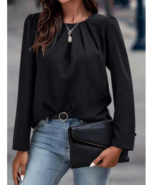 Kadın Uzun Kollu Yuvarlak önden Pileli Ithal Krep Bluz