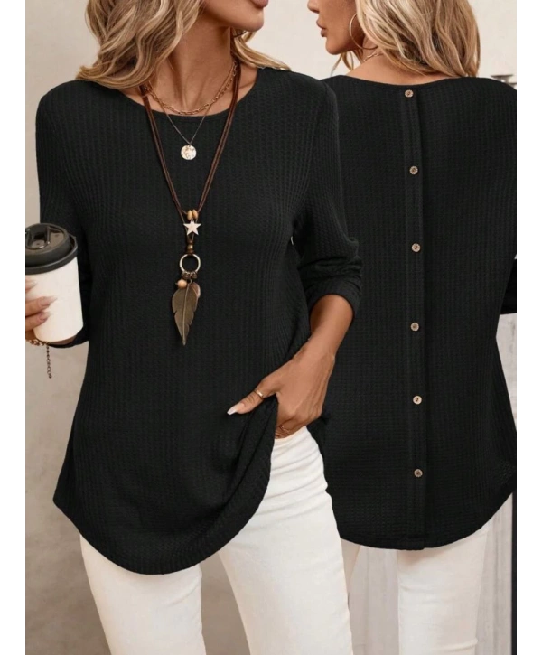 Kadın Uzun Kollu Yuvarlak Yaka Arkadan Düğmeli Waffle Bluz