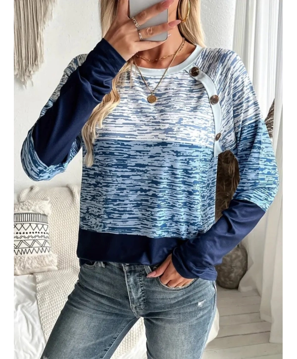 Kadın Uzun Kollu Yuvarlak Yaka Baskılı Düğme Detay Süprem Bluz
