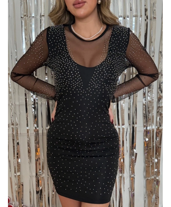 Kadın Uzun Kollu Yuvarlak Yaka Dekolteli Taşlı Dalgıç Elbise