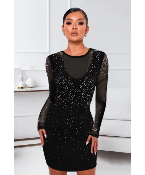 Kadın Uzun Kollu Yuvarlak Yaka Dekolteli Taşlı Dalgıç Elbise