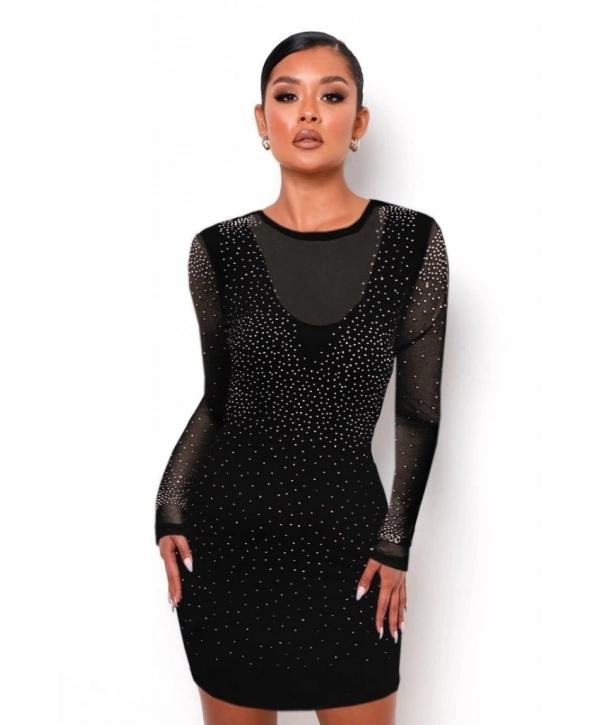 Kadın Uzun Kollu Yuvarlak Yaka Dekolteli Taşlı Dalgıç Elbise