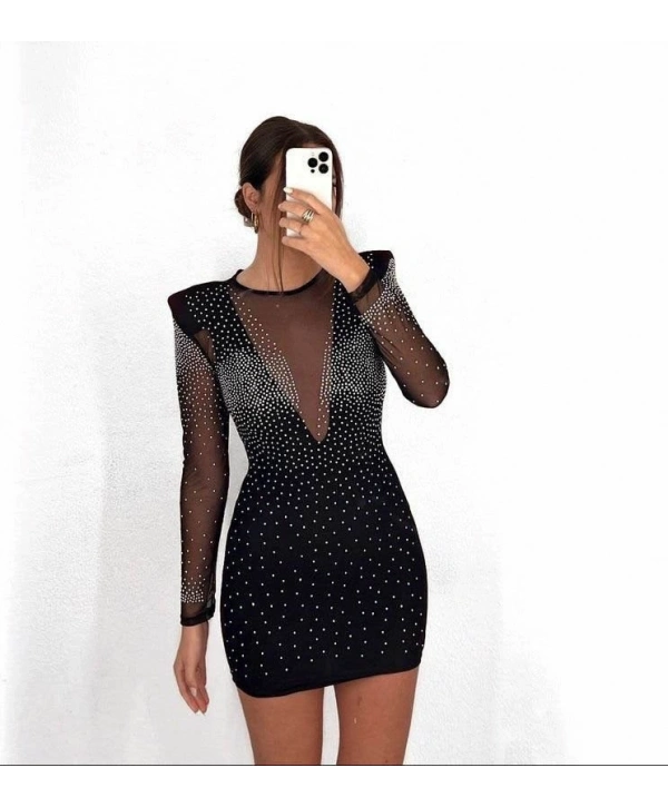 Kadın Uzun Kollu Yuvarlak Yaka Dekolteli Taşlı Dalgıç Elbise