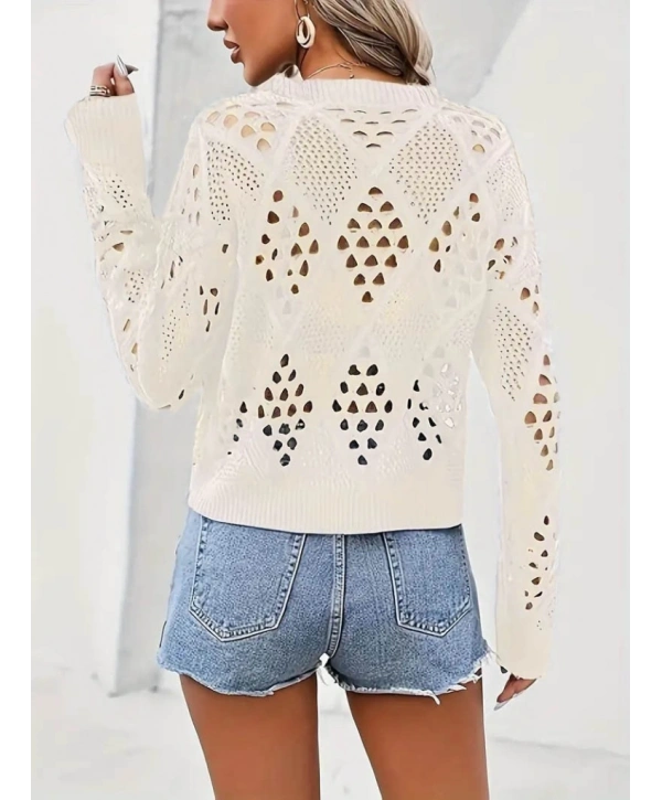 Kadın Uzun Kollu Yuvarlak Yaka Delik Desenli Triko Bluz