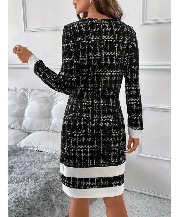 Kadın Uzun Kollu Yuvarlak Yaka Etek Ucu şerit Detaylı Kısa Dokuma Elbise