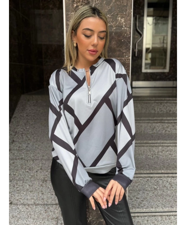 Kadın Uzun Kollu Yuvarlak Yaka Fermuarlı Desenli şardonlu Bluz