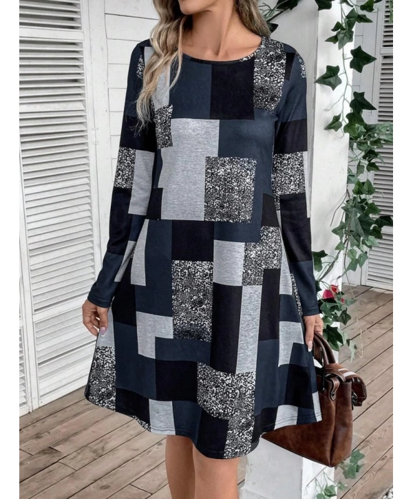 Kadın Uzun Kollu Yuvarlak Yaka Geometrik Süprem Elbise