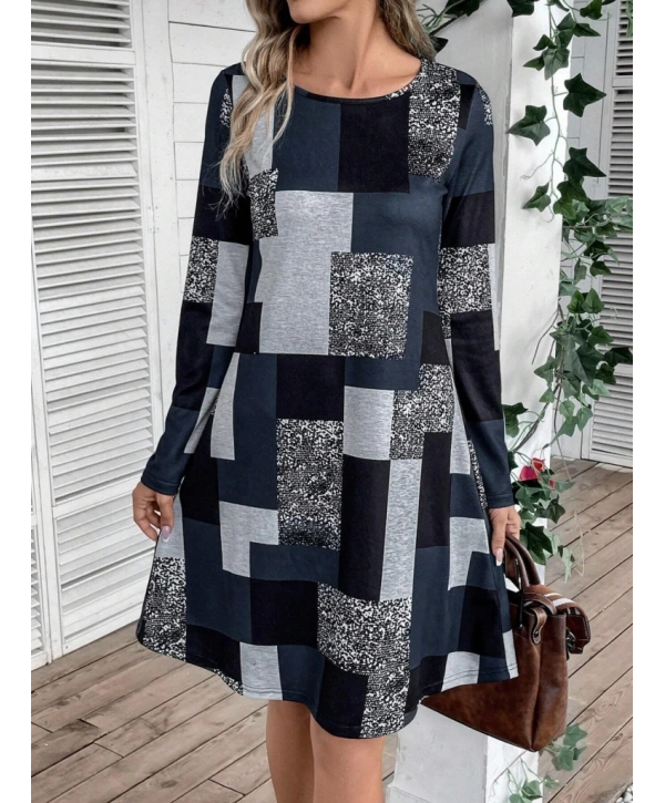 Kadın Uzun Kollu Yuvarlak Yaka Geometrik Süprem Elbise