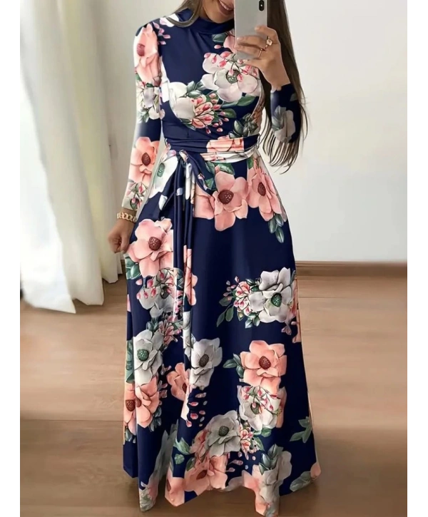 Kadın Uzun Kollu Yuvarlak Yakalı Beli Kuşaklı Desenli Süprem Uzun Elbise