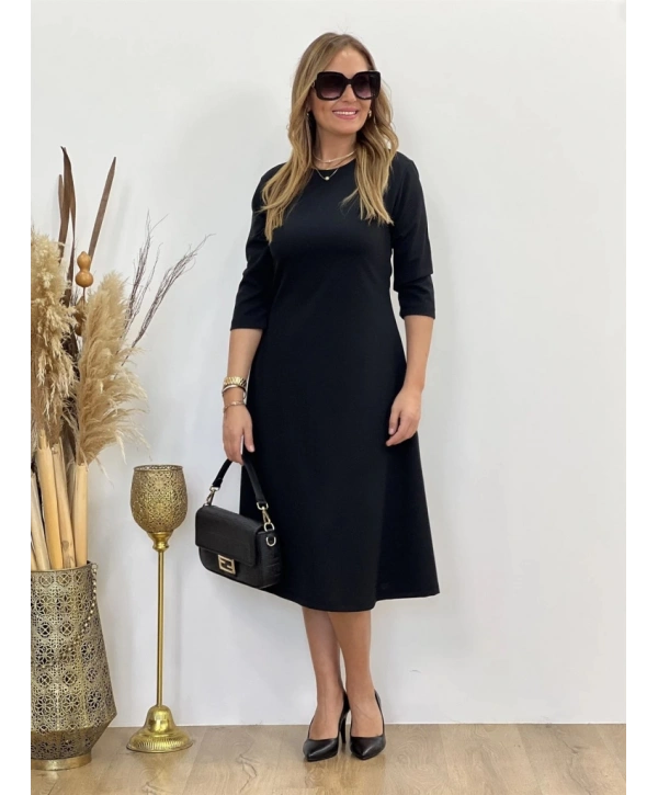 Kadın Uzun Truvakar Kol Bisiklet Yaka Midi Modal Elbise