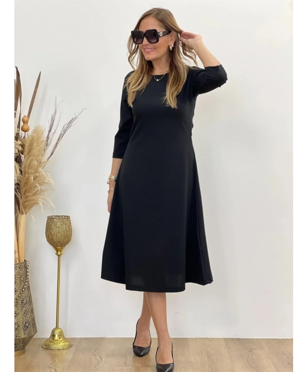 Kadın Uzun Truvakar Kol Bisiklet Yaka Midi Modal Elbise