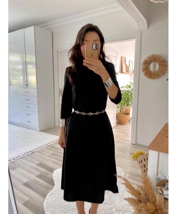 Kadın Uzun Truvakar Kol Bisiklet Yaka Midi Modal Elbise