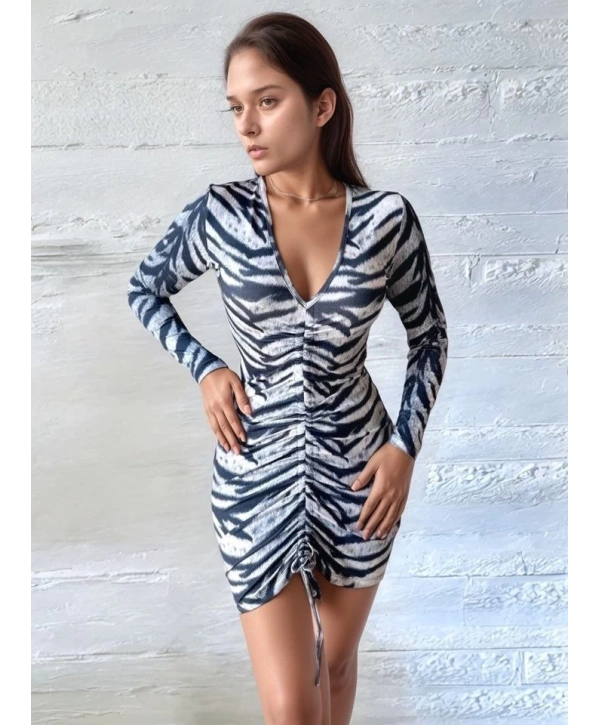 Kadın V Yaka önü Asansör Büzgü Detay Fırsat ürün Zebra Mini Elbise