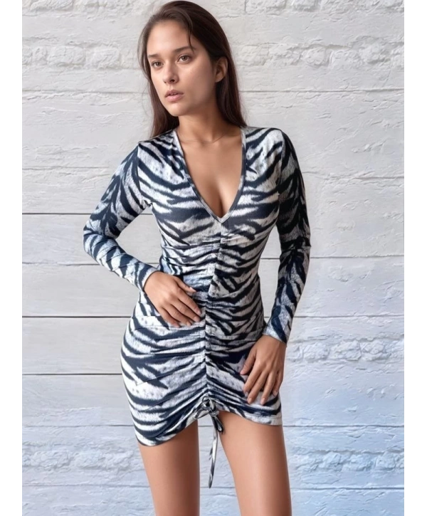Kadın V Yaka önü Asansör Büzgü Detay Fırsat ürün Zebra Mini Elbise