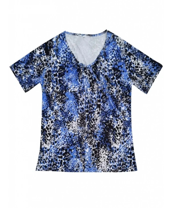 Kadın V Yaka Renkli Leopar Desen Büzgü Detay Süprem Bluz