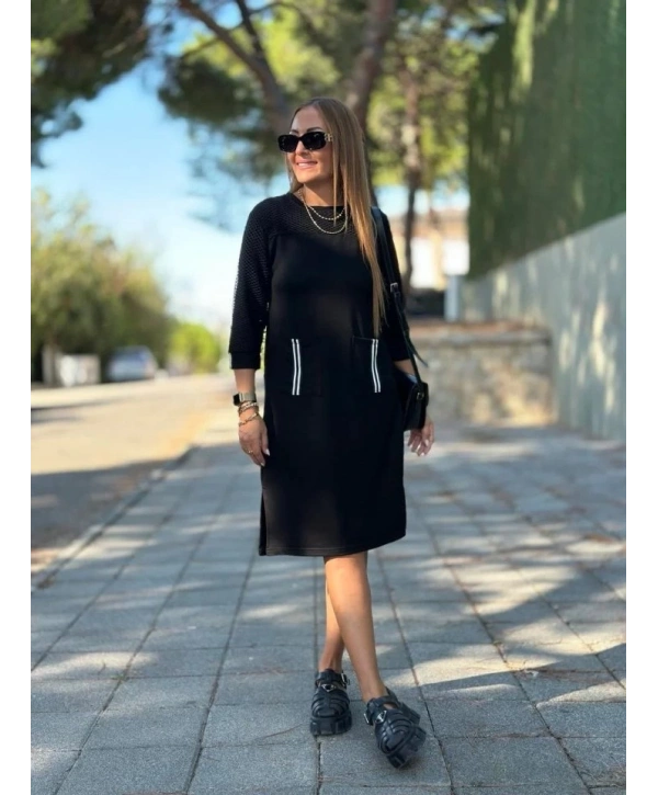 Kadın Viskon Pamuklu Kumaş Kol File , şerit Ve Cep Detaylı Elbise