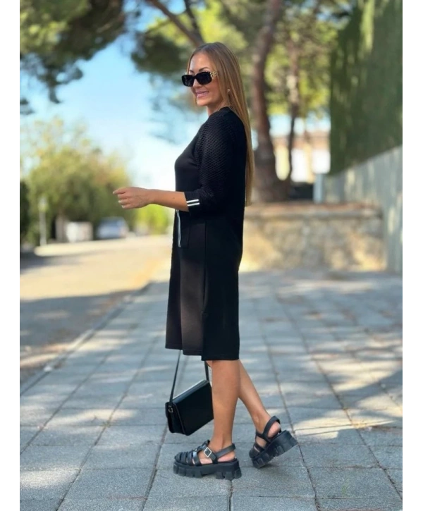 Kadın Viskon Pamuklu Kumaş Kol File , şerit Ve Cep Detaylı Elbise