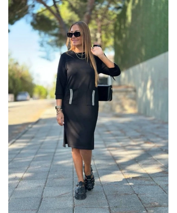 Kadın Viskon Pamuklu Kumaş Kol File , şerit Ve Cep Detaylı Elbise