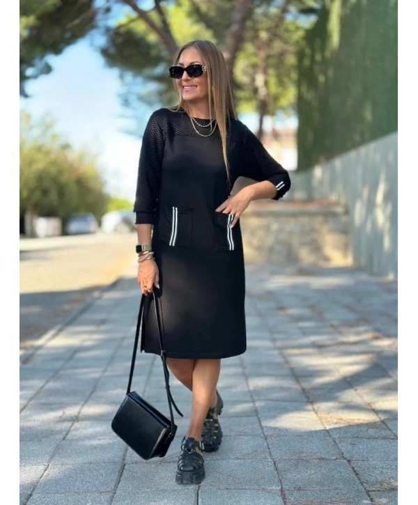 Kadın Viskon Pamuklu Kumaş Kol File , şerit Ve Cep Detaylı Elbise