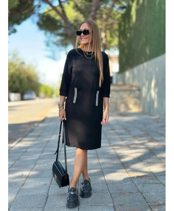 Kadın Viskon Pamuklu Kumaş Kol File , şerit Ve Cep Detaylı Elbise