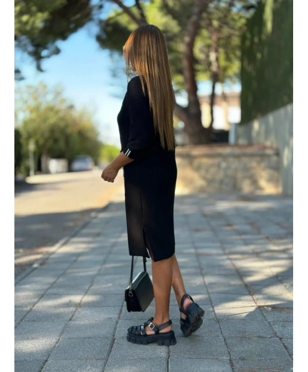 Kadın Viskon Pamuklu Kumaş Kol File , şerit Ve Cep Detaylı Elbise