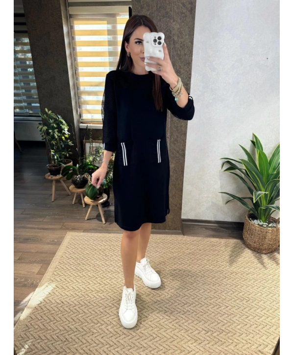 Kadın Viskon Pamuklu Kumaş Kol File , şerit Ve Cep Detaylı Elbise