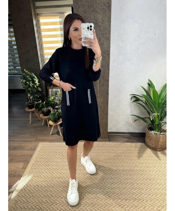 Kadın Viskon Pamuklu Kumaş Kol File , şerit Ve Cep Detaylı Elbise