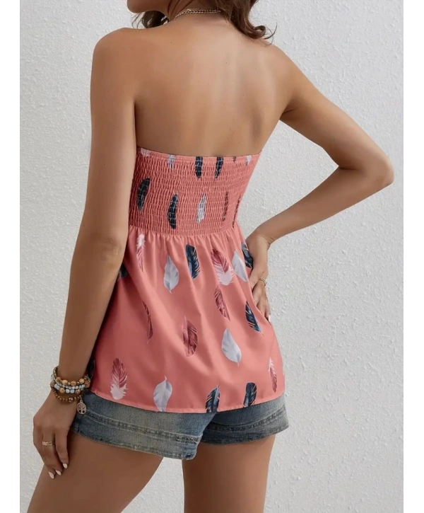 Kadın Yaprak Desenli Göğsü Gipeli Mosskrep Straplez Bluz