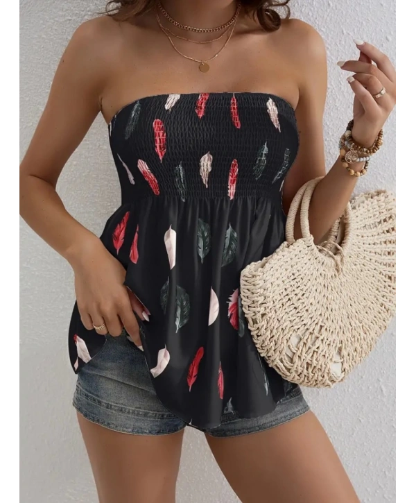 Kadın Yaprak Desenli Göğsü Gipeli Mosskrep Straplez Bluz