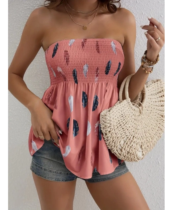 Kadın Yaprak Desenli Göğsü Gipeli Mosskrep Straplez Bluz