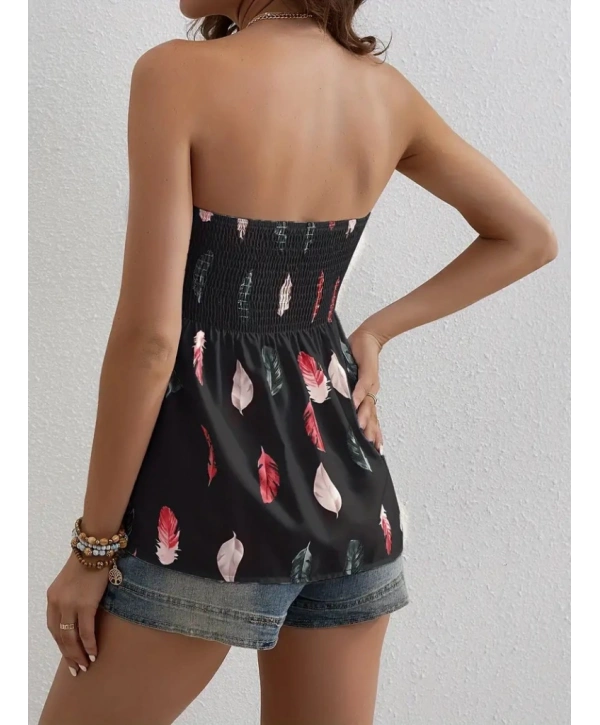 Kadın Yaprak Desenli Göğsü Gipeli Mosskrep Straplez Bluz