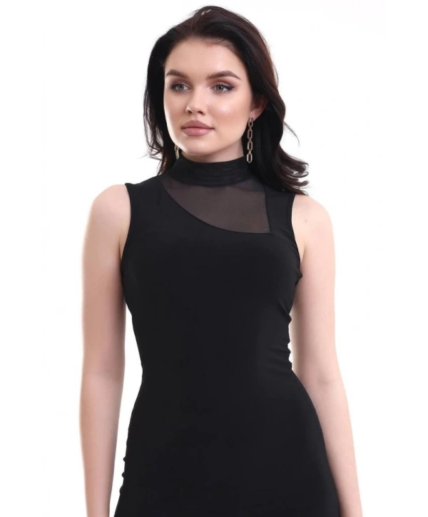 Kadın Yarım Balıkçı Yaka Tül Detaylı Sandy Kumaş Fırsat Ürün Diz Üstü Elbise