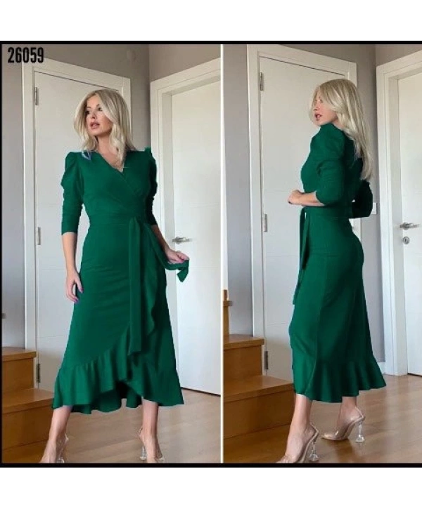 Kadın Yeşil Krep Kumaş Midi Boy Kuşaklı Uzunkol Elbise