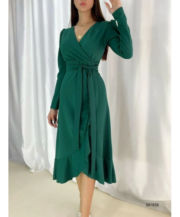 Kadın Yeşil Krep Kumaş Midi Boy Kuşaklı Uzunkol Elbise