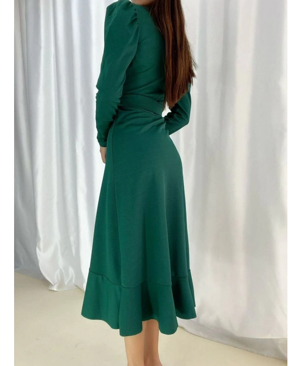 Kadın Yeşil Krep Kumaş Midi Boy Kuşaklı Uzunkol Elbise