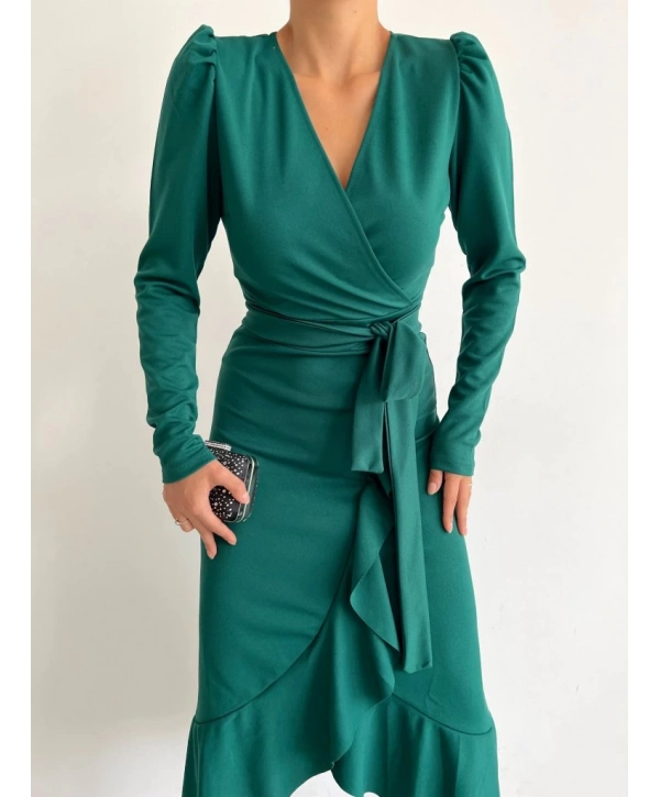 Kadın Yeşil Krep Kumaş Midi Boy Kuşaklı Uzunkol Elbise