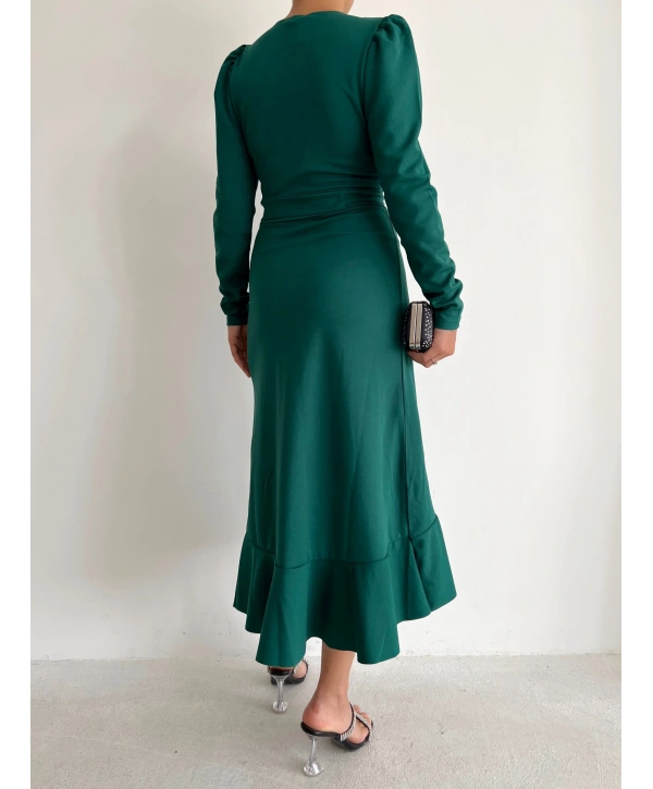 Kadın Yeşil Krep Kumaş Midi Boy Kuşaklı Uzunkol Elbise