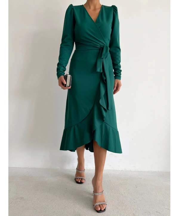Kadın Yeşil Krep Kumaş Midi Boy Kuşaklı Uzunkol Elbise