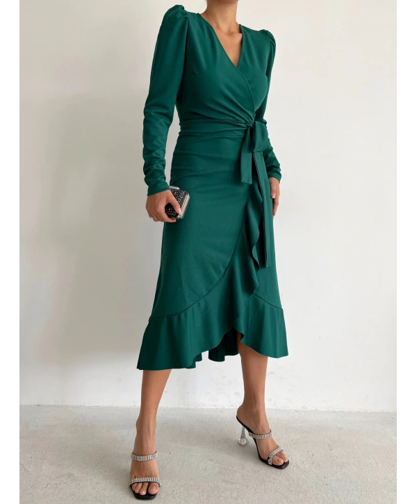 Kadın Yeşil Krep Kumaş Midi Boy Kuşaklı Uzunkol Elbise