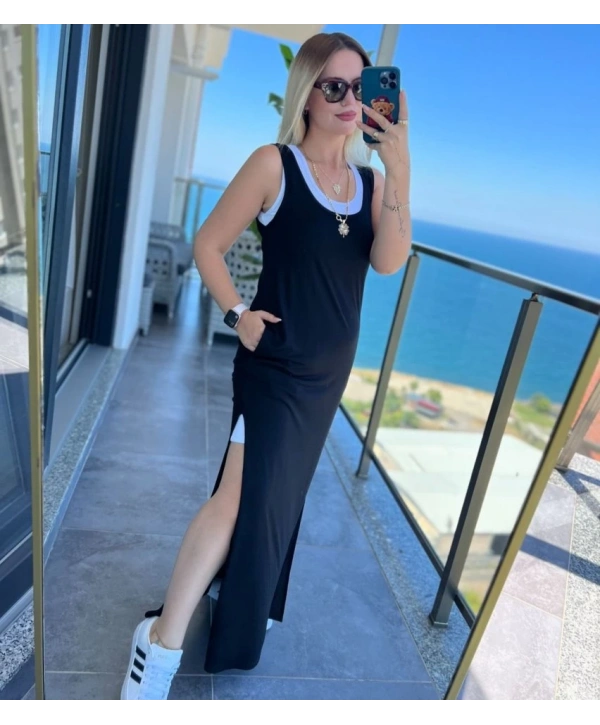 Kadın Yırtmaç Detaylı Viskon Kumaş Maxi Boy Cepli Iç Dahil Ikili Elbise