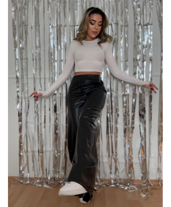 Kadın Yüksek Bel Beli Lastikli Geniş Paçalı Deri Pantolon