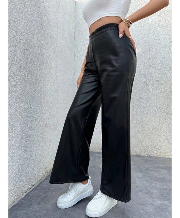Kadın Yüksek Bel Beli Lastikli Geniş Paçalı Deri Pantolon