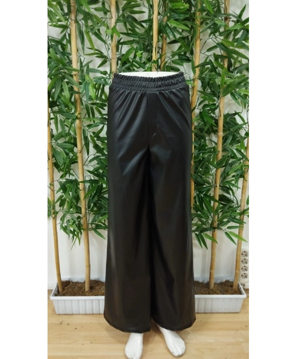 Kadın Yüksek Bel Beli Lastikli Geniş Paçalı Deri Pantolon