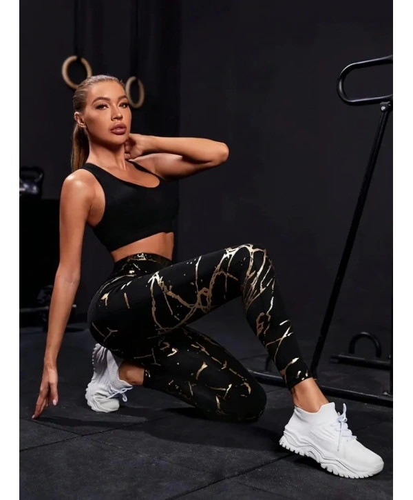 Kadın Yüksek Bel Desenli Spor Tayt