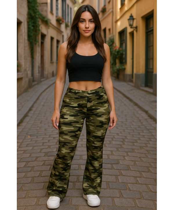 Kadın Yüksek Bel Kamuflaj Desenli Dalgıç Tayt