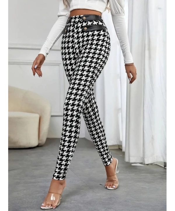 Kadın Yüksek Bel Kaz Ayağı Desenli Yan şerit Düğme Detaylı Dalgıç Pantolon