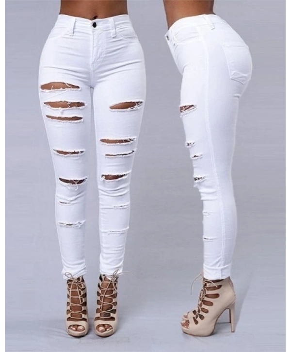 Kadın Yüksek Bel Lazer Yırtık Desenli Kot Pantolon