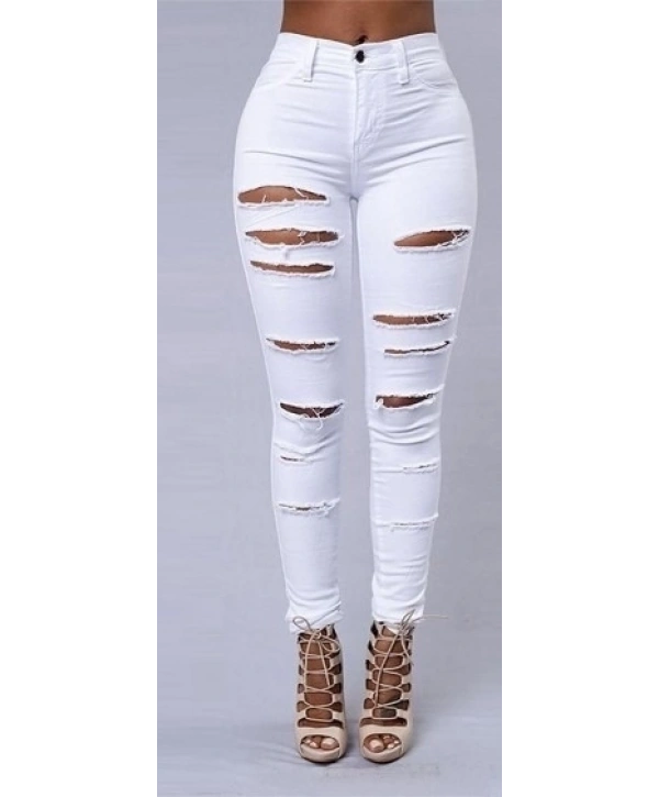 Kadın Yüksek Bel Lazer Yırtık Desenli Kot Pantolon