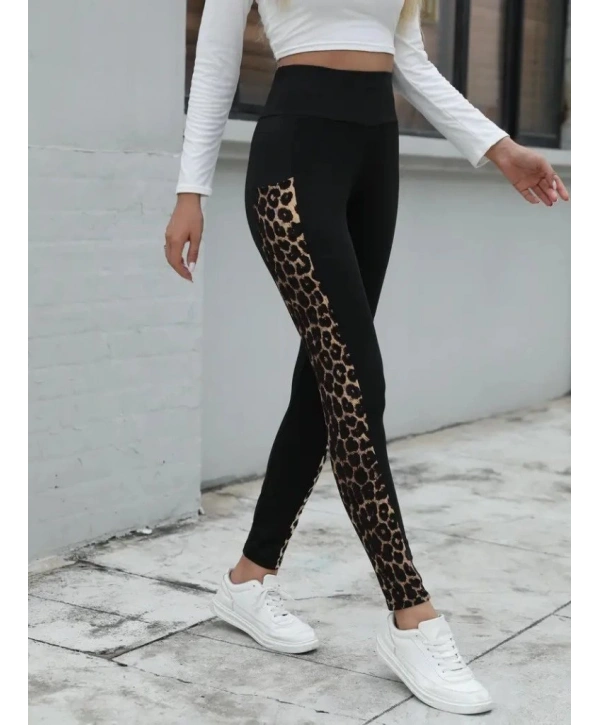 Kadın Yüksek Bel Leopar Desen Ve Cep Detaylı Dalgıç Tayt