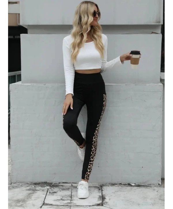 Kadın Yüksek Bel Leopar Desen Ve Cep Detaylı Dalgıç Tayt